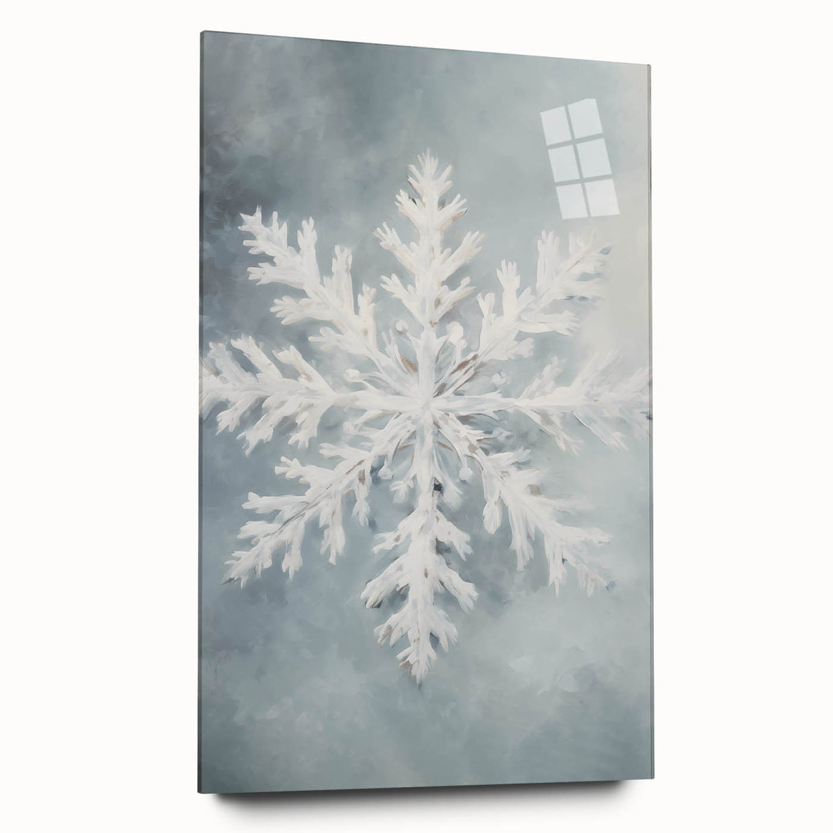 Large abstract wall art depicting winter season in muted blue and gray tones on acrylic glass.