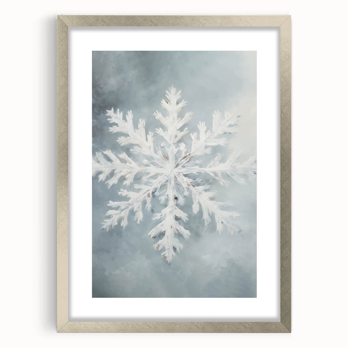 Textured art print of abstract winter scene in muted blue and white, framed in silver, ideal for bedroom wall decor.