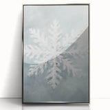 Mid-century modernist art depicting a winter scene in muted blue and silver tones, acrylic print framed in silver.