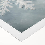 Art deco poster featuring a winter scene on rolled canvas, with cool blue and white tones, ideal for dining room wall art.