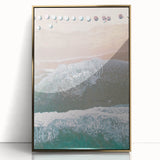 Large art print of a mid-century modernist abstract design in gold and white tones on acrylic.