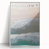 Art deco poster featuring a stylized summer scene in pastel shades, acrylic print framed in white.