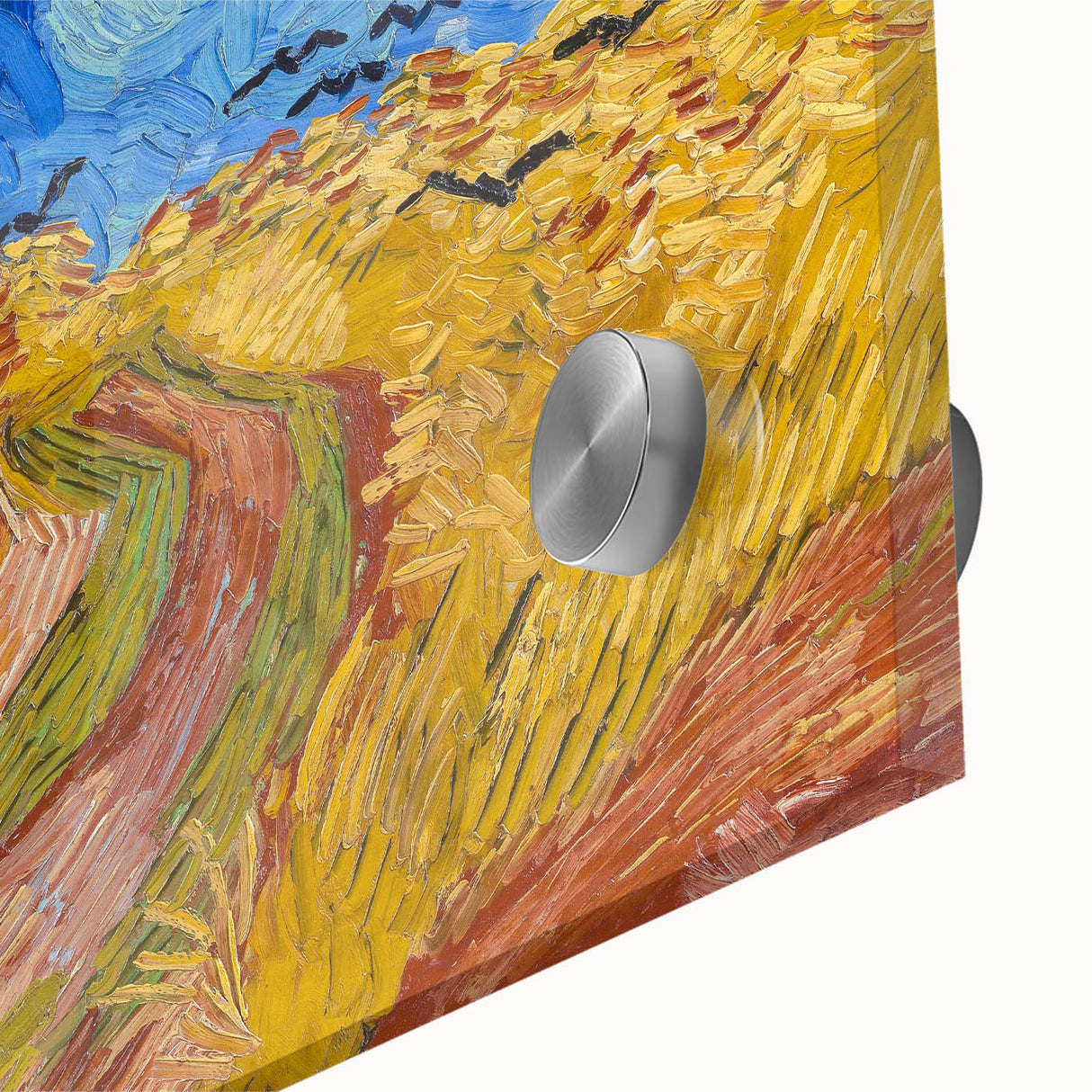 Large abstract wall art depicting a swirling sky in vibrant blue and yellow tones on acrylic glass.