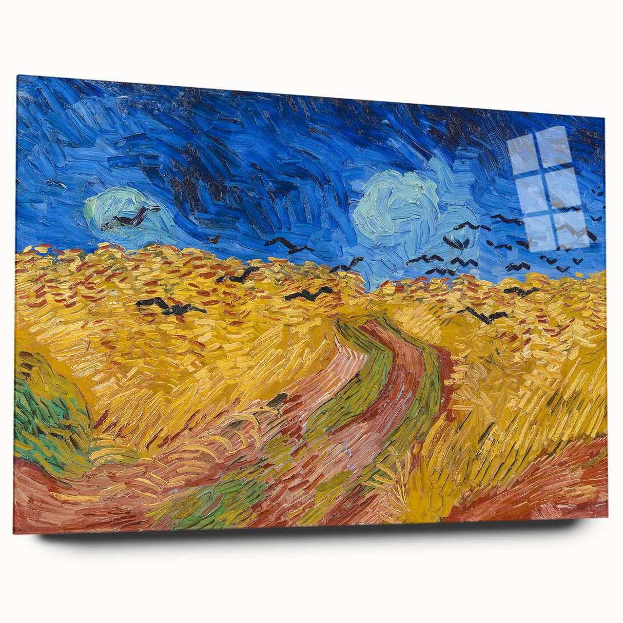 Large abstract wall art on acrylic, featuring swirling blue and yellow patterns, ideal for bedroom or dining room decor.