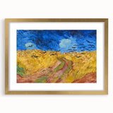 Textured abstract art print in gold frame, featuring swirling blue and yellow patterns, ideal for bedroom art.