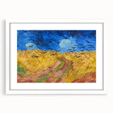 Abstract art print featuring swirling blue and yellow patterns on a white framed canvas.