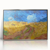 Large art print of a Van Gogh-style painting in muted blues and yellows on acrylic, framed in silver.