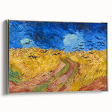 Framed canvas of Van Gogh-inspired landscape art painting, featuring vibrant colors on a silver frame.