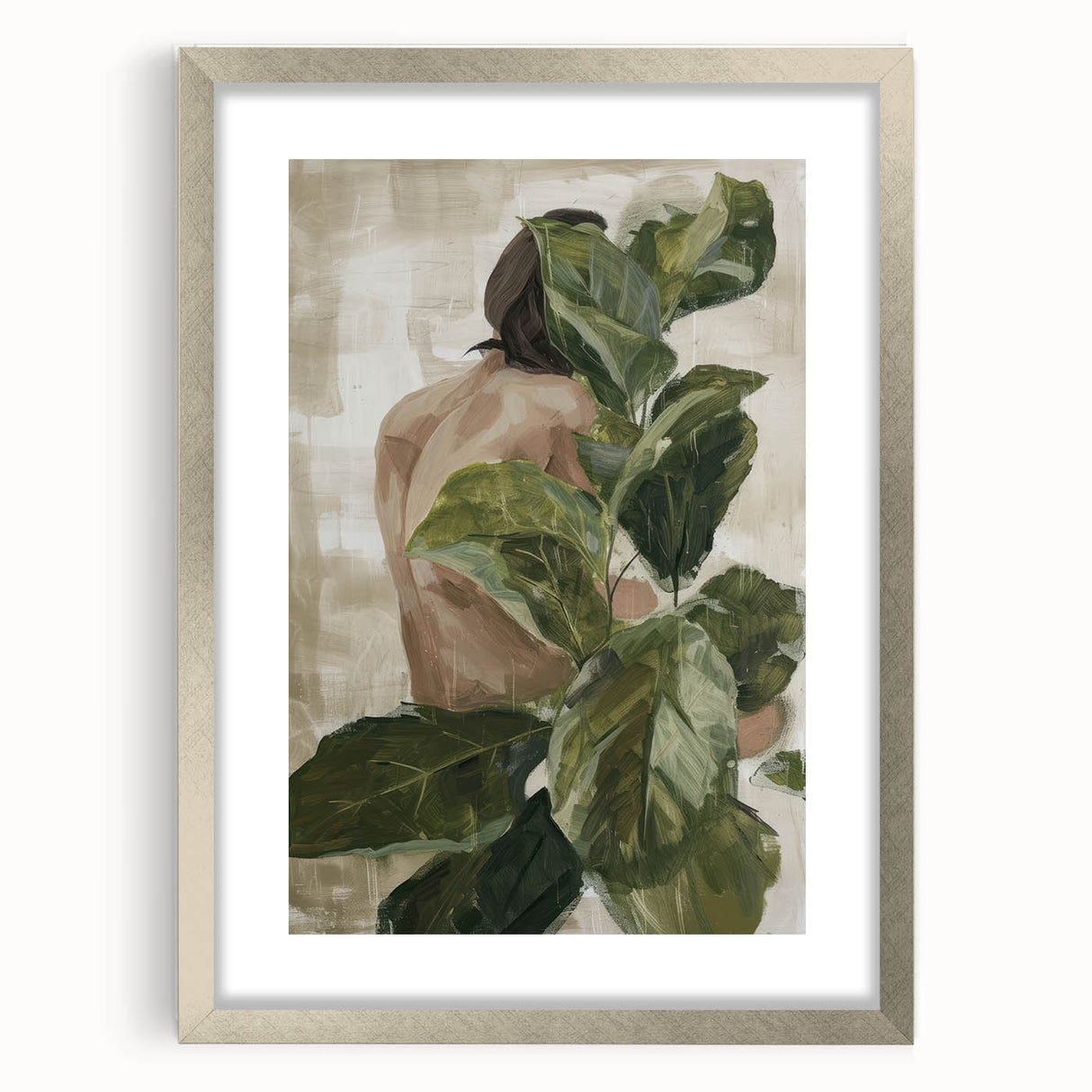 Abstract figurative art frame in silver with a white mat, showcasing a modern design, perfect for enhancing contemporary home decor aesthetics.