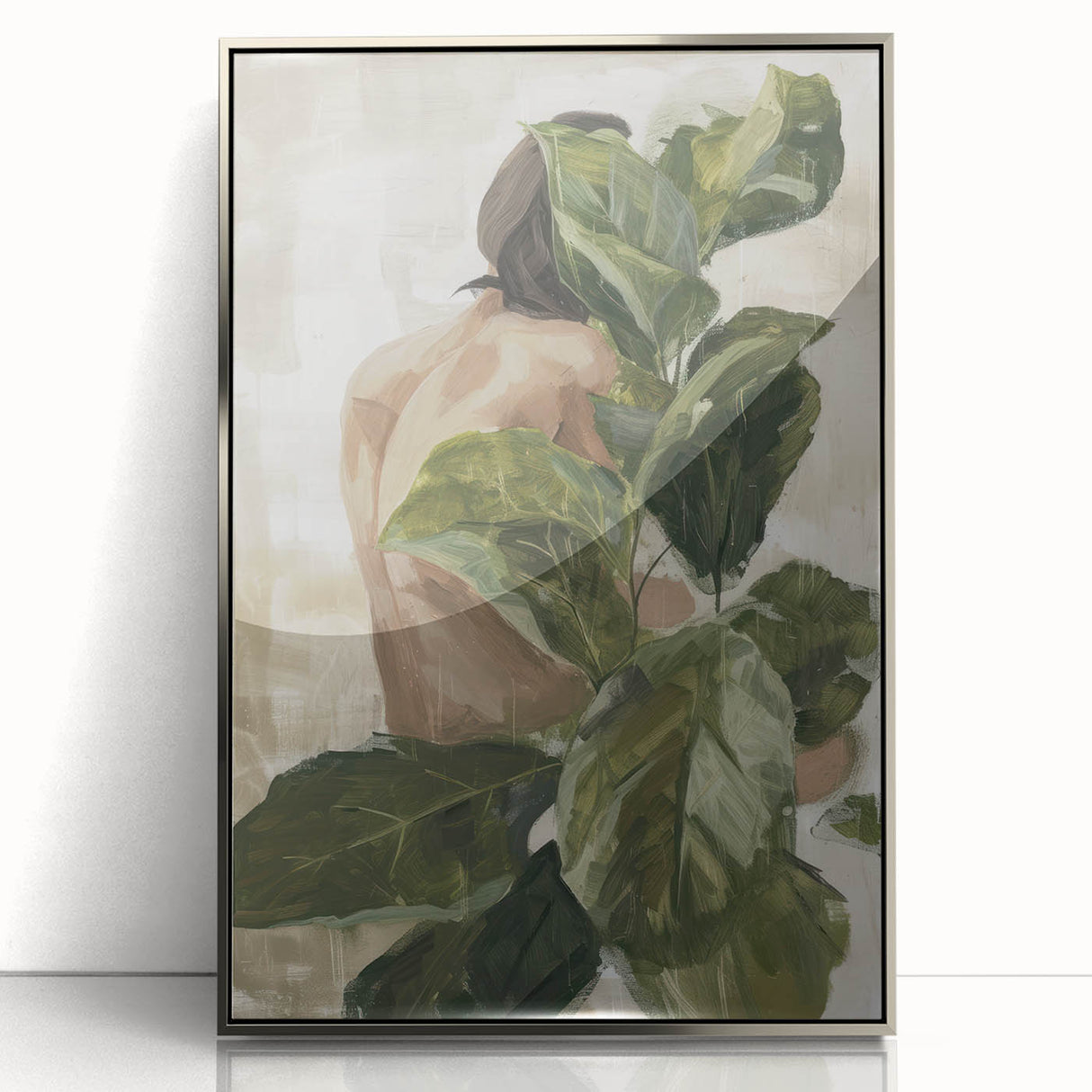 Abstract figurative art piece framed in silver acrylic, showcasing vibrant colors and dynamic shapes, perfect for modern decor in living spaces or galleries.