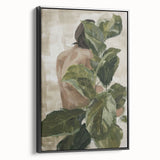 Abstract figurative framed canvas artwork showcasing a modern black design, viewed from the side, highlighting its sleek edges and contemporary aesthetic, ideal for stylish home decor.