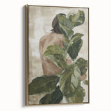 Framed abstract figurative canvas art in gold tones, showcasing a contemporary design, displayed in a stylish side view against a neutral backdrop.
