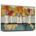 Abstract floral acrylic artwork displayed on a glass panel, showcasing vibrant colors and intricate designs, ideal for modern home decor. The side view highlights the piece's depth and texture, accentuated by decorative pins.