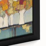 Close-up of an abstract floral framed canvas showcasing vibrant colors like pink, green, and yellow, highlighting intricate brushstrokes and textures for a modern art aesthetic. Ideal for home decor enthusiasts seeking unique wall art.