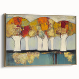 Framed canvas artwork featuring abstract floral designs in vibrant colors with a gold frame, showcased from a side view, perfect for modern home decor.