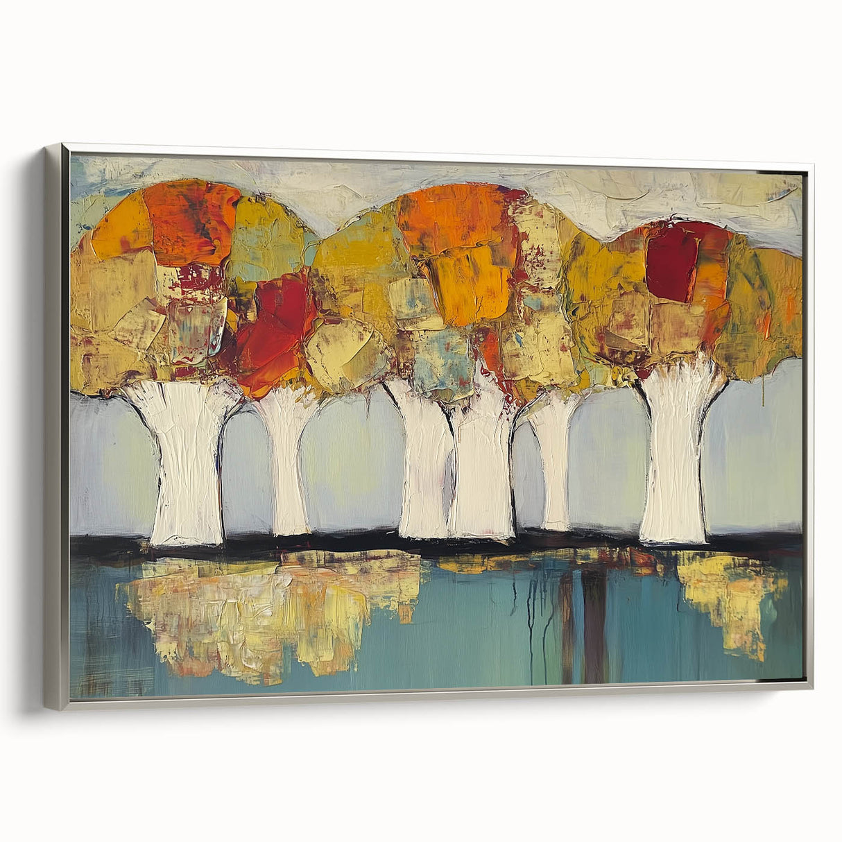 Framed canvas artwork showcasing abstract floral designs in vibrant colors, featuring a sleek silver frame, perfect for modern home decor and enhancing interior spaces.