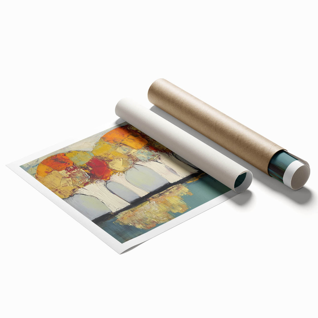 Abstract floral design rolled print showcasing vibrant colors of blue, pink, and yellow, featuring intricate patterns suitable for modern decor. Perfect for adding a touch of elegance to any room.