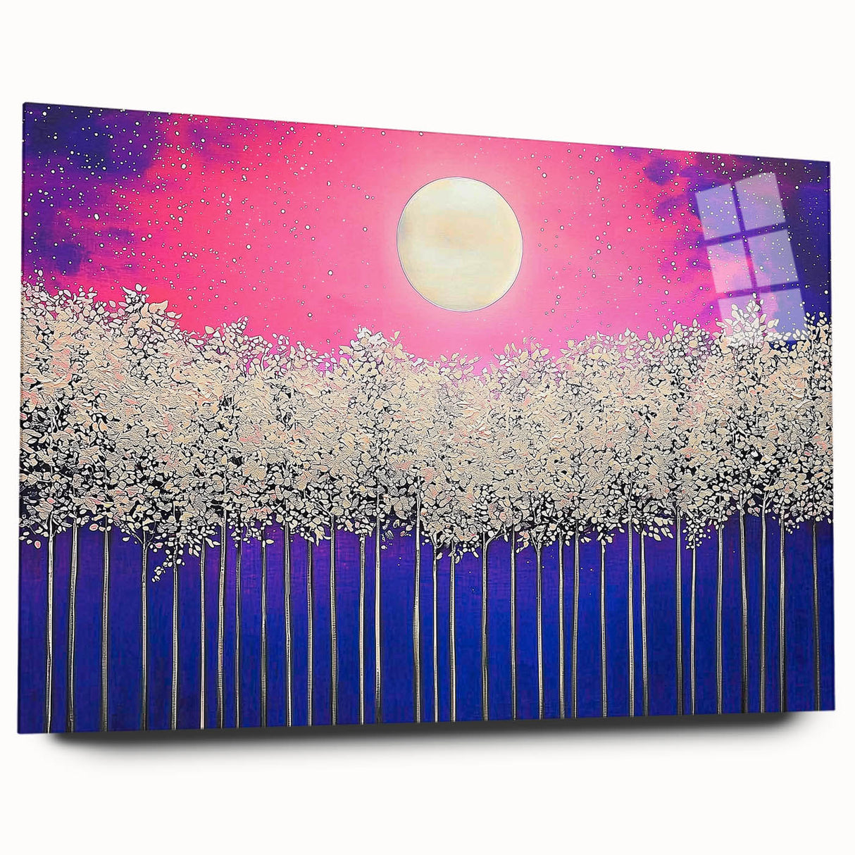Abstract landscape artwork displayed in a sleek acrylic glass frame, showcasing vibrant colors and fluid shapes for a modern home decor accent. Perfect for adding a touch of contemporary art to living spaces, this side view emphasizes the artwork's depth and clarity.