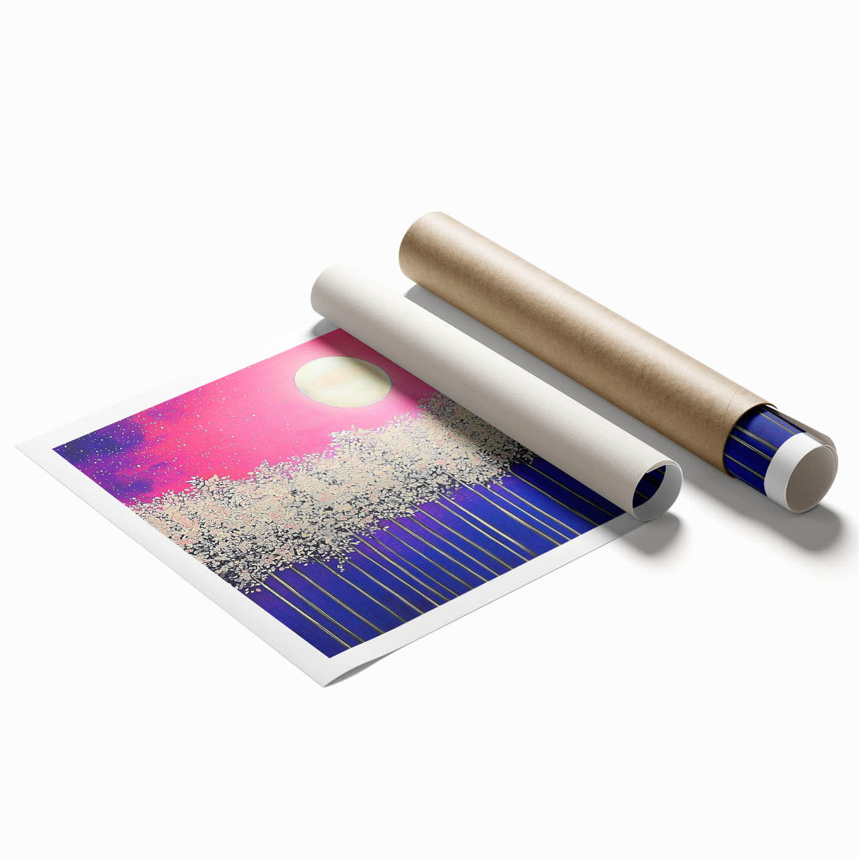 Abstract landscape rolled print showcasing vibrant hues of blue and orange, featuring layered textures and organic shapes, perfect for modern home decor.
