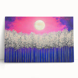 Abstract landscape stretched canvas artwork featuring vibrant colors and dynamic shapes, elegantly leaning against a neutral wall, perfect for modern decor.