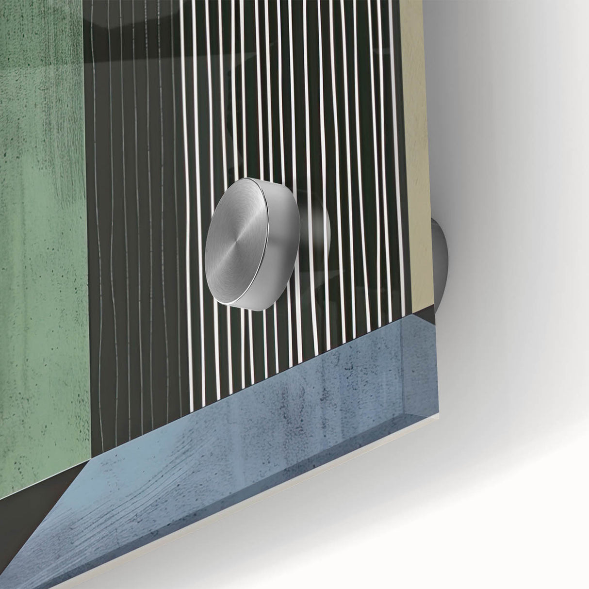 Close-up of abstract minimalist wall art featuring bold geometric shapes in shades of blue and gold, set against a sleek acrylic glass background, perfect for modern decor. This striking piece adds a touch of elegance to any room while enhancing artistic expression.