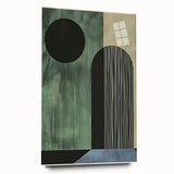 Abstract minimalist wall art piece displayed in a sleek acrylic frame, showcasing a soft color palette with geometric shapes, perfect for modern decor.