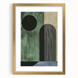 Abstract minimalist wall art frame with a gold mat, showcasing geometric patterns and soft color gradients, ideal for modern home decor and artistic interior design.