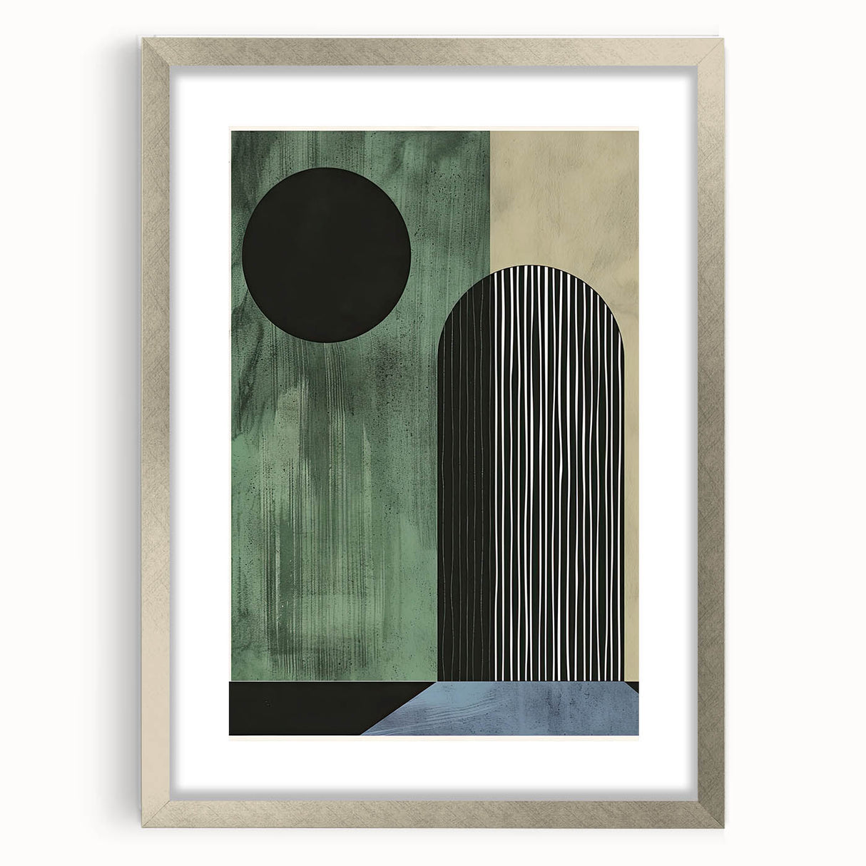 Abstract minimalist wall art featuring a sleek silver frame with a mat, showcasing a contemporary design ideal for modern decor, enhancing any living space.