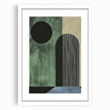 Abstract minimalist wall art framed in white with a mat, showcasing soft pastel colors and geometric shapes, ideal for modern home decor.