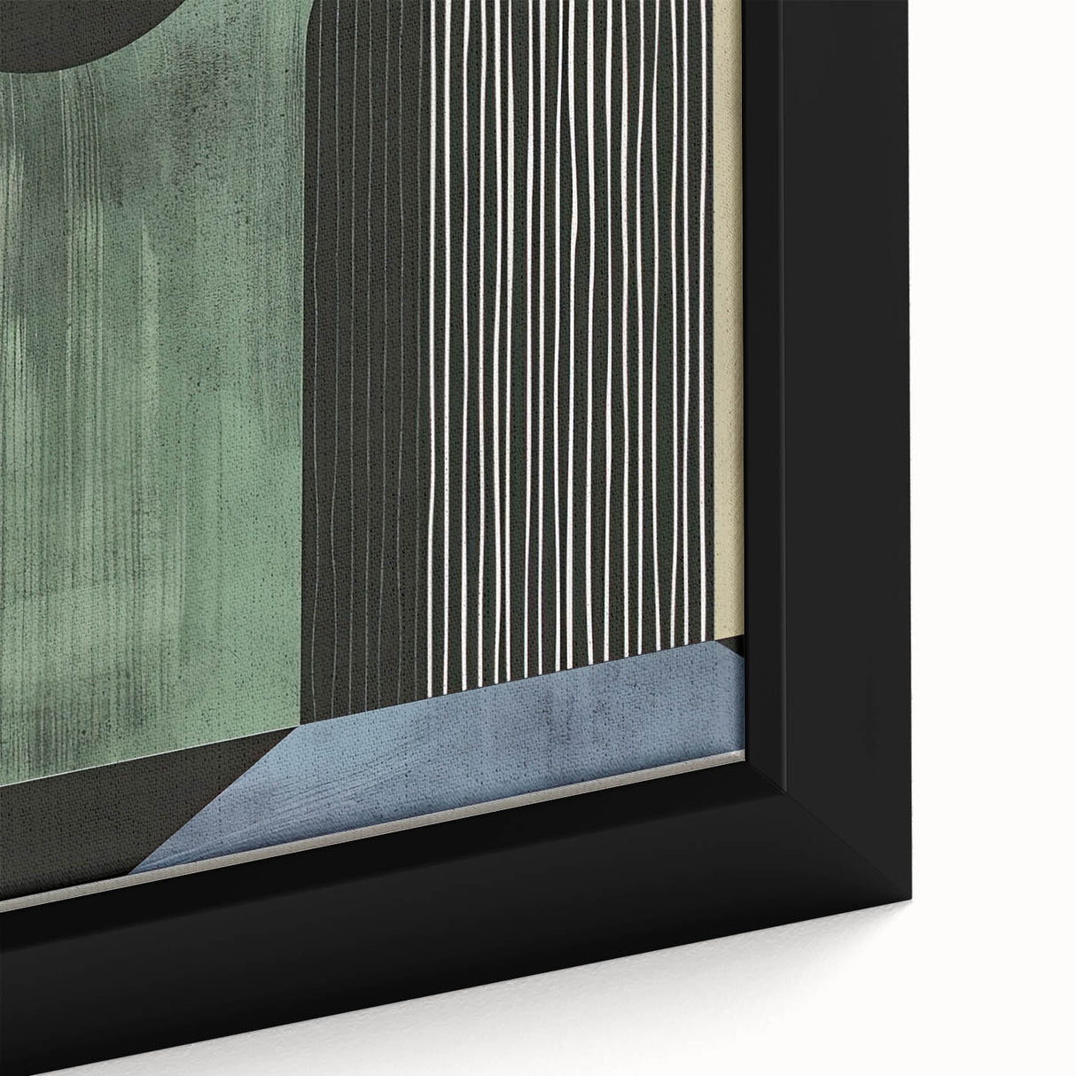 Close-up view of a framed abstract minimalist wall art piece, showcasing soft pastel colors and geometric shapes, perfect for modern home decor.