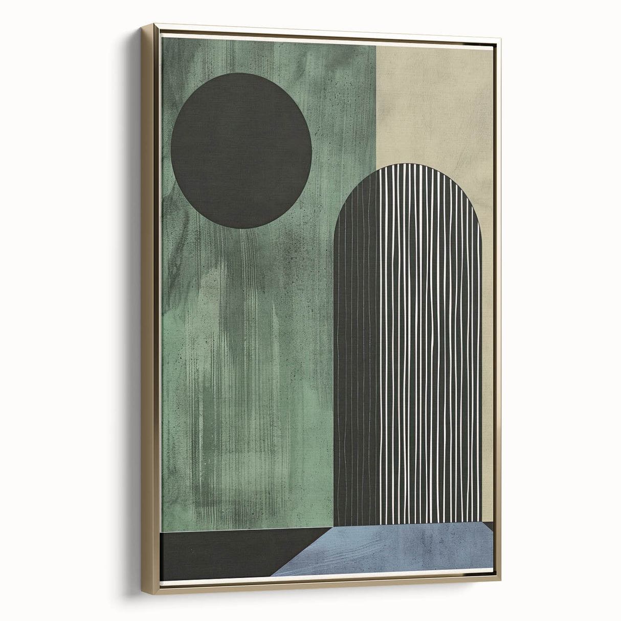 Framed minimalist abstract wall art featuring elegant gold accents, showcasing a sophisticated side view against a neutral background, perfect for modern decor.