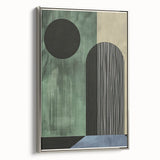 Framed minimalist wall art canvas featuring an abstract design with silver accents, displayed from a side view against a neutral background, ideal for modern decor.