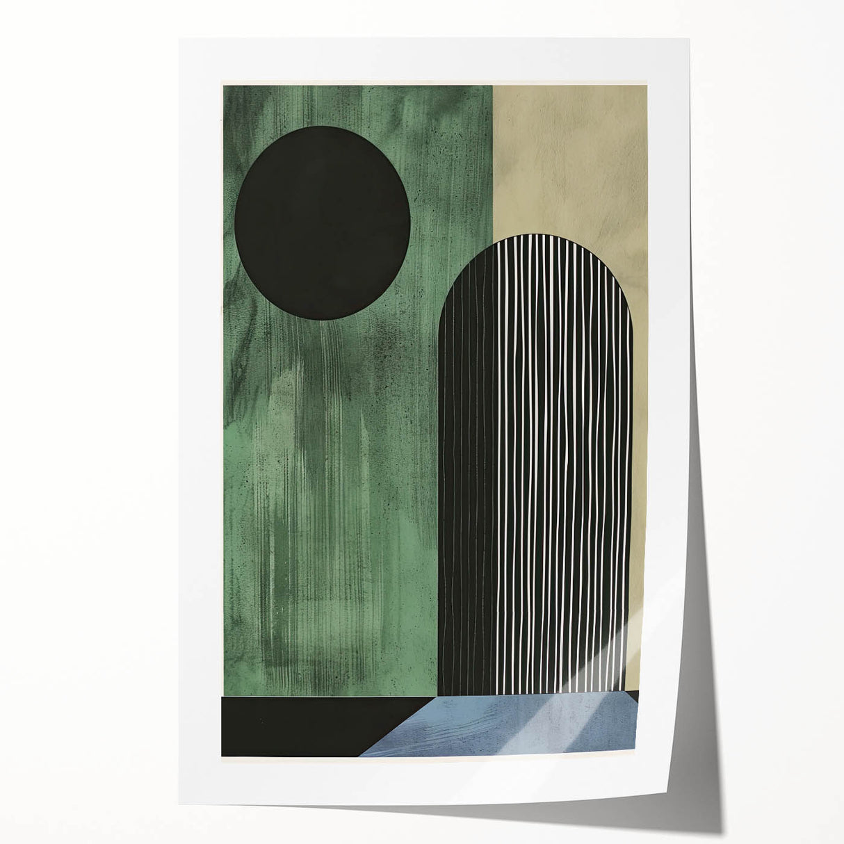 Abstract minimalist wall art print showcasing soft pastel colors and geometric shapes, elegantly rolled and packaged in a protective cardboard tube for easy display.
