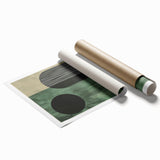 Rolled print of abstract minimalist wall art featuring soft pastel colors and geometric shapes, housed in a protective cardboard tube for delivery.
