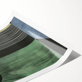 Abstract minimalist wall art print featuring soft pastel colors and geometric shapes, elegantly rolled and packaged in a protective cardboard tube for easy display.