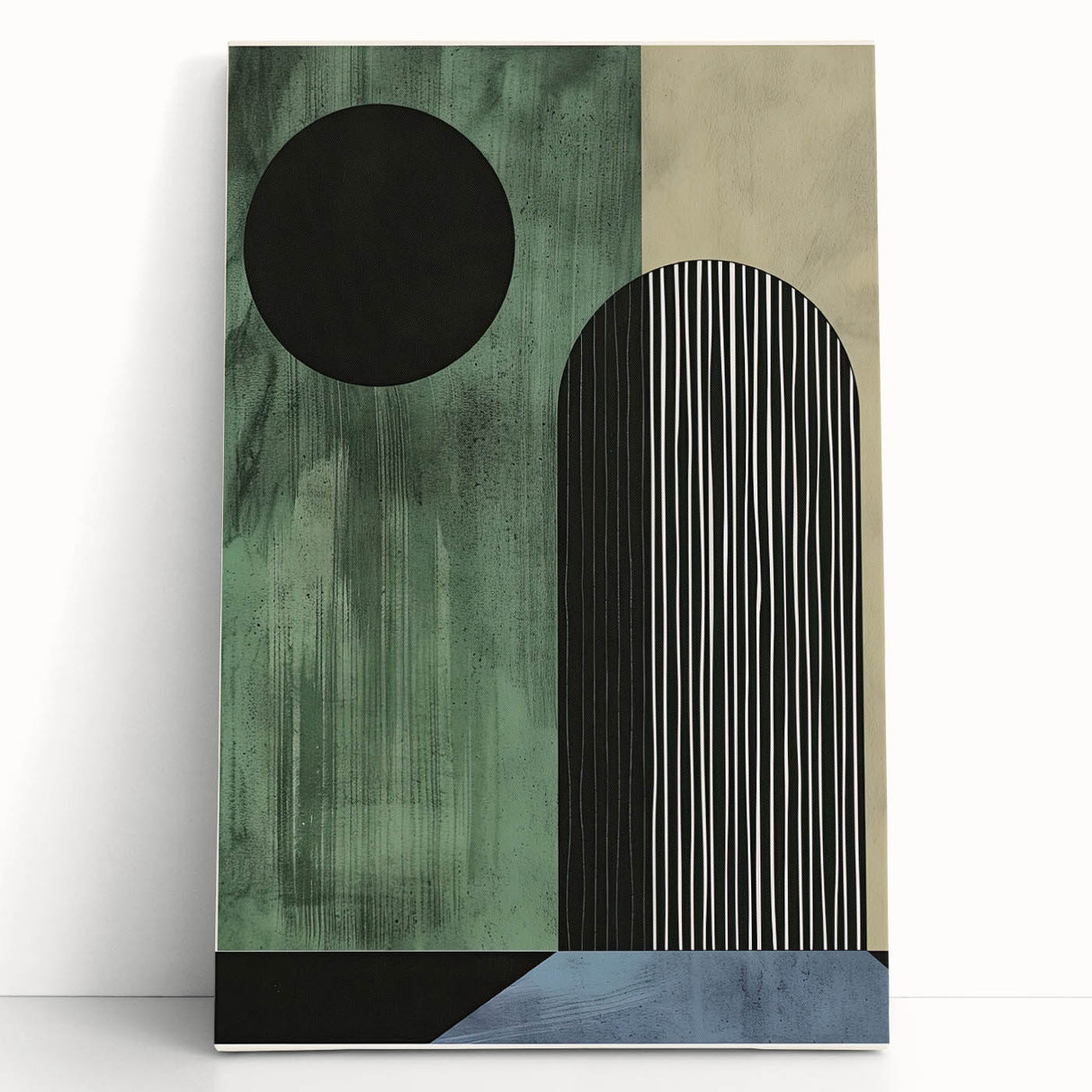 Abstract minimalist wall art featuring soft pastel colors and geometric shapes, displayed on a stretched canvas, perfect for modern home decor.