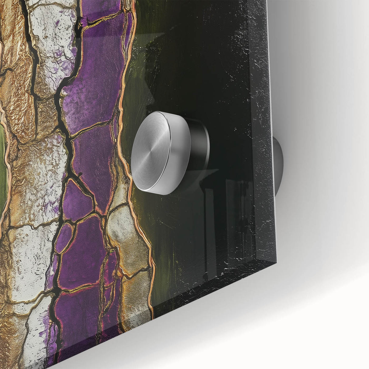 Close-up of an abstract floral acrylic artwork on glass, showcasing vibrant colors and intricate details, perfect for modern home decor and artistic expression.