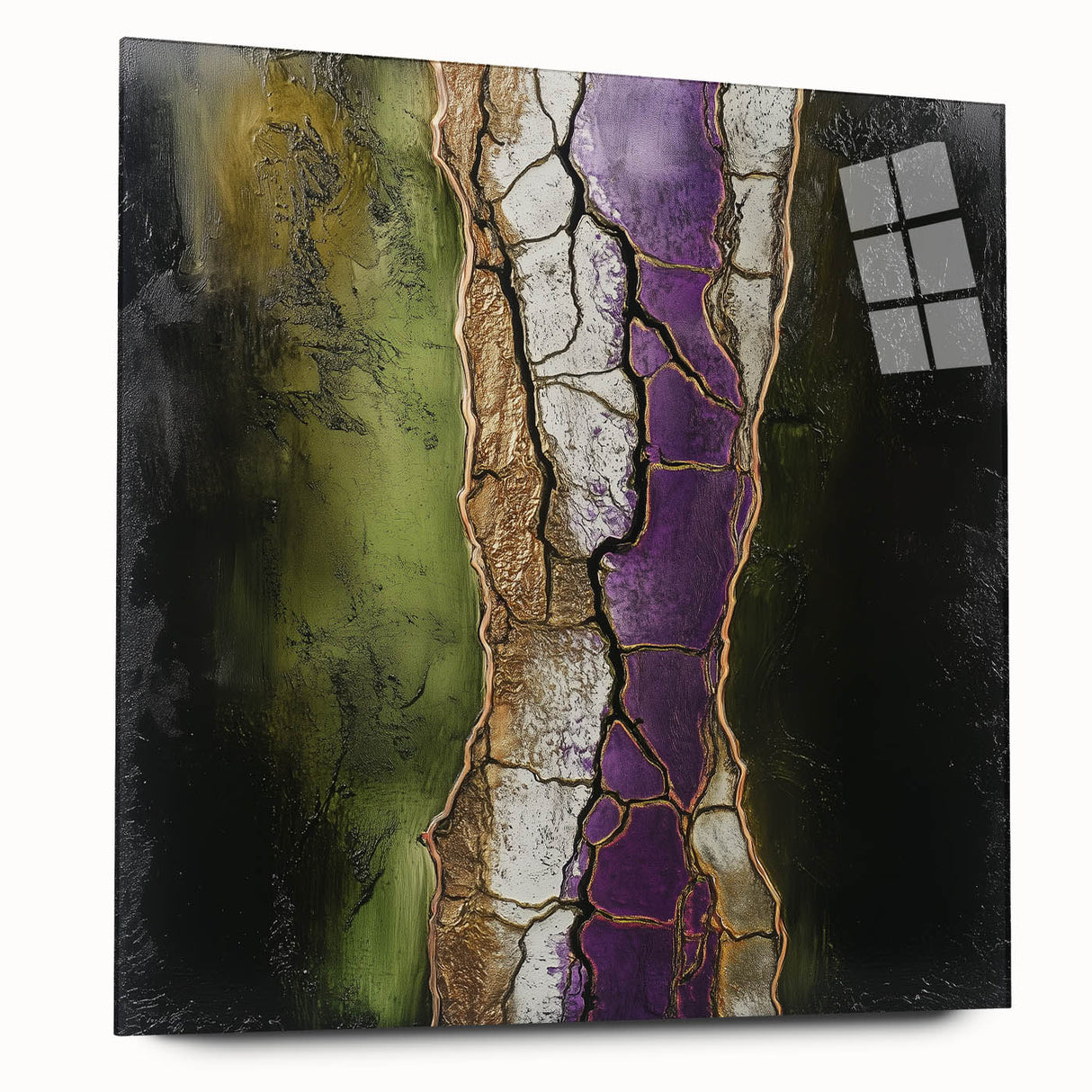 Abstract floral acrylic artwork displayed on a glass panel, showcasing vibrant colors and intricate details, perfect for modern home decor.
