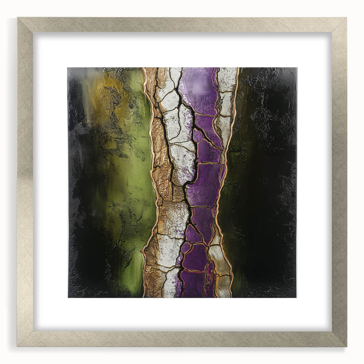 Abstract floral frame with a silver mat, showcasing vibrant flower patterns and intricate details, perfect for home decor or art display. Ideal for adding elegance to any interior space.