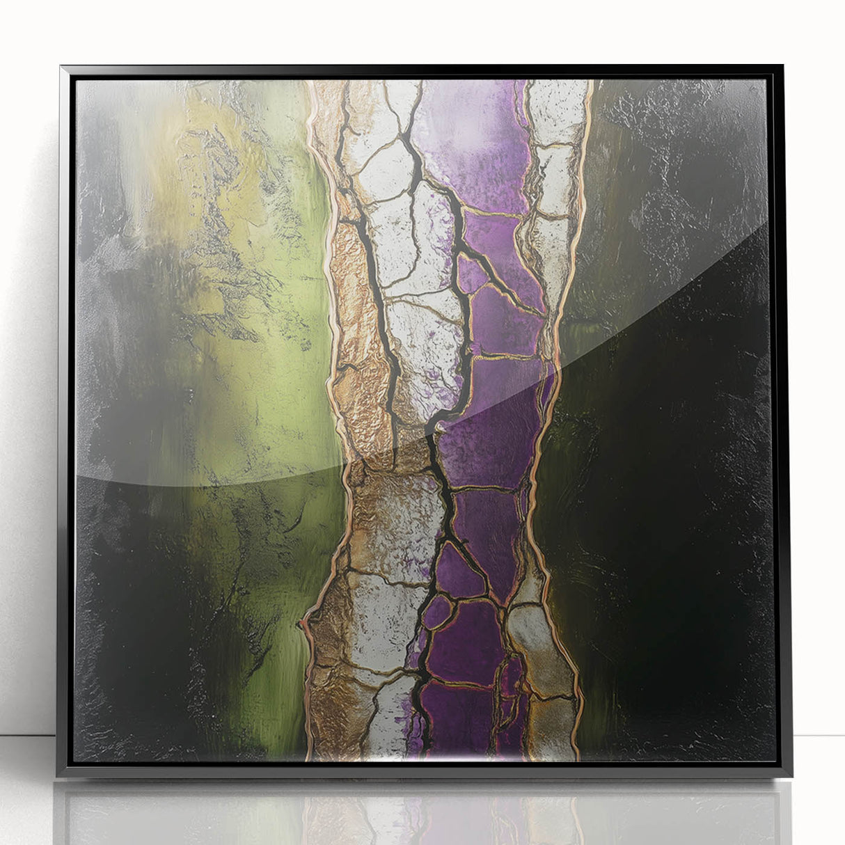 Framed abstract floral artwork in black acrylic, showcasing vibrant colors and intricate details, perfect for modern home decor and stylish interiors.