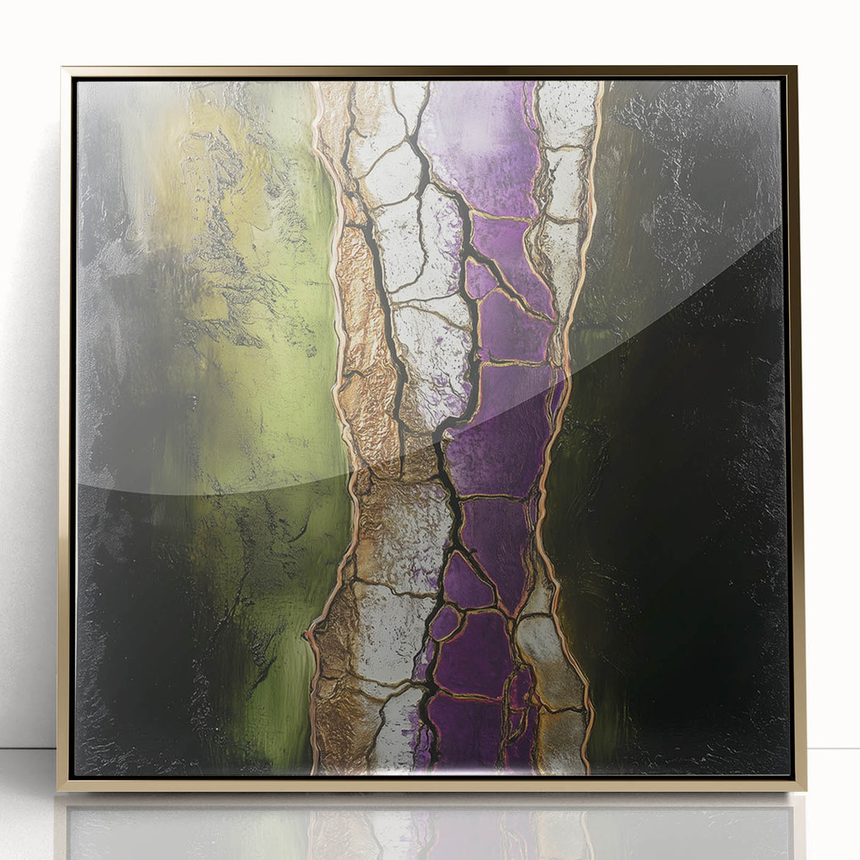 Framed acrylic artwork showcasing abstract florals in vibrant gold hues, elegantly displayed with a modern design, perfect for contemporary home decor.