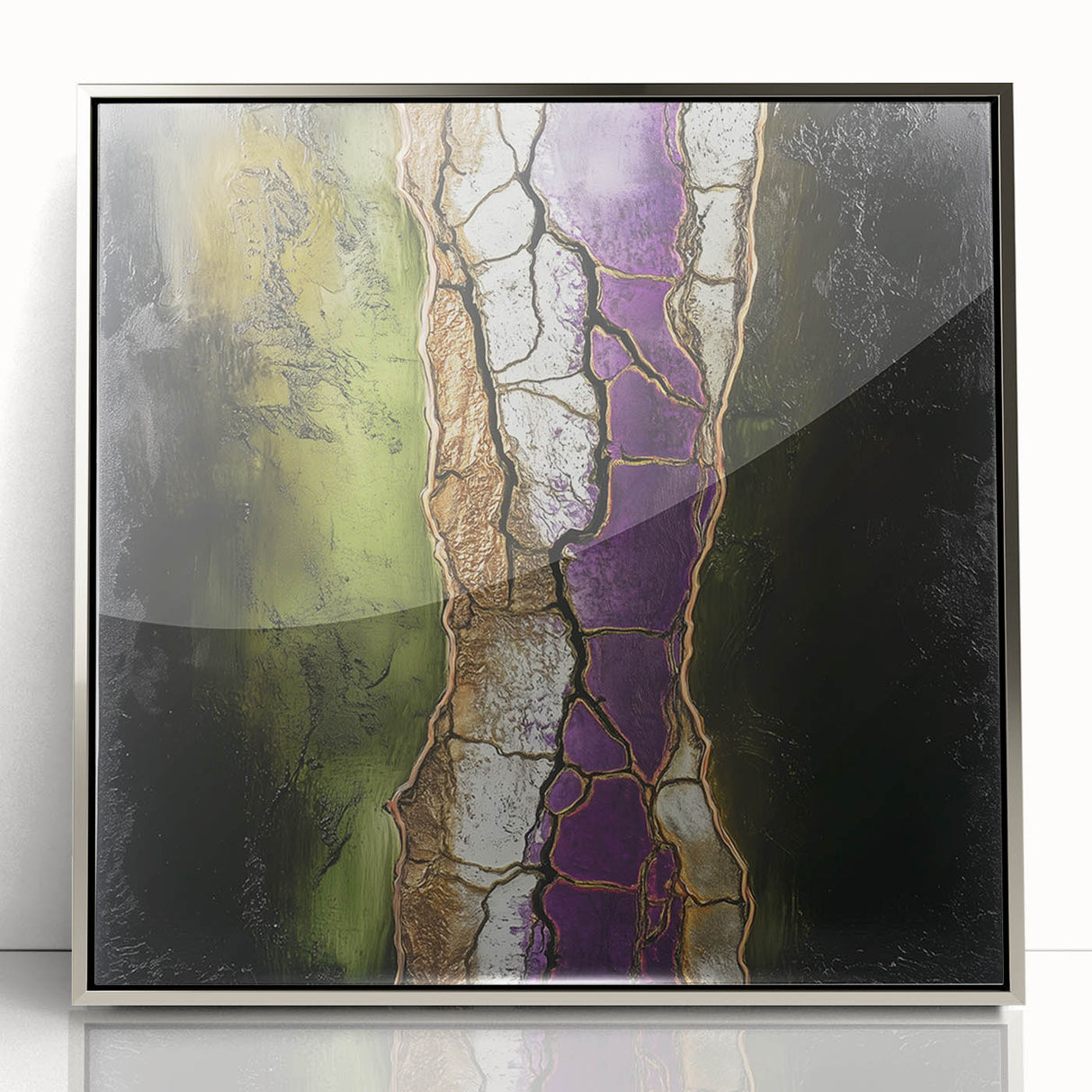 Framed acrylic artwork showcasing abstract floral designs in vibrant colors with a sleek silver frame, ideal for modern home decor and aesthetic enhancement.