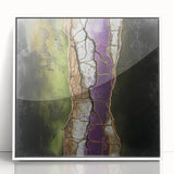 Framed acrylic artwork featuring a vibrant abstract floral design with shades of pink, blue, and green, set against a sleek white background. Perfect for modern home decor.