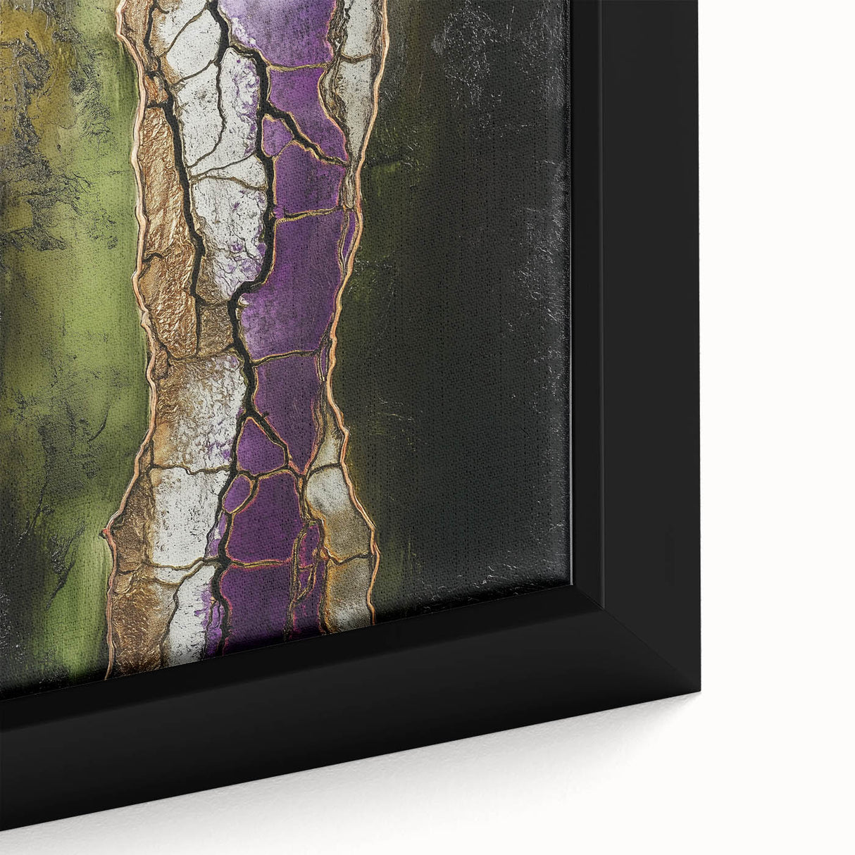 Close-up of an abstract floral canvas art piece, showcasing vibrant colors like pink, blue, and green with intricate details, framed elegantly for modern home decor. Perfect for adding a touch of elegance and creativity to living spaces.