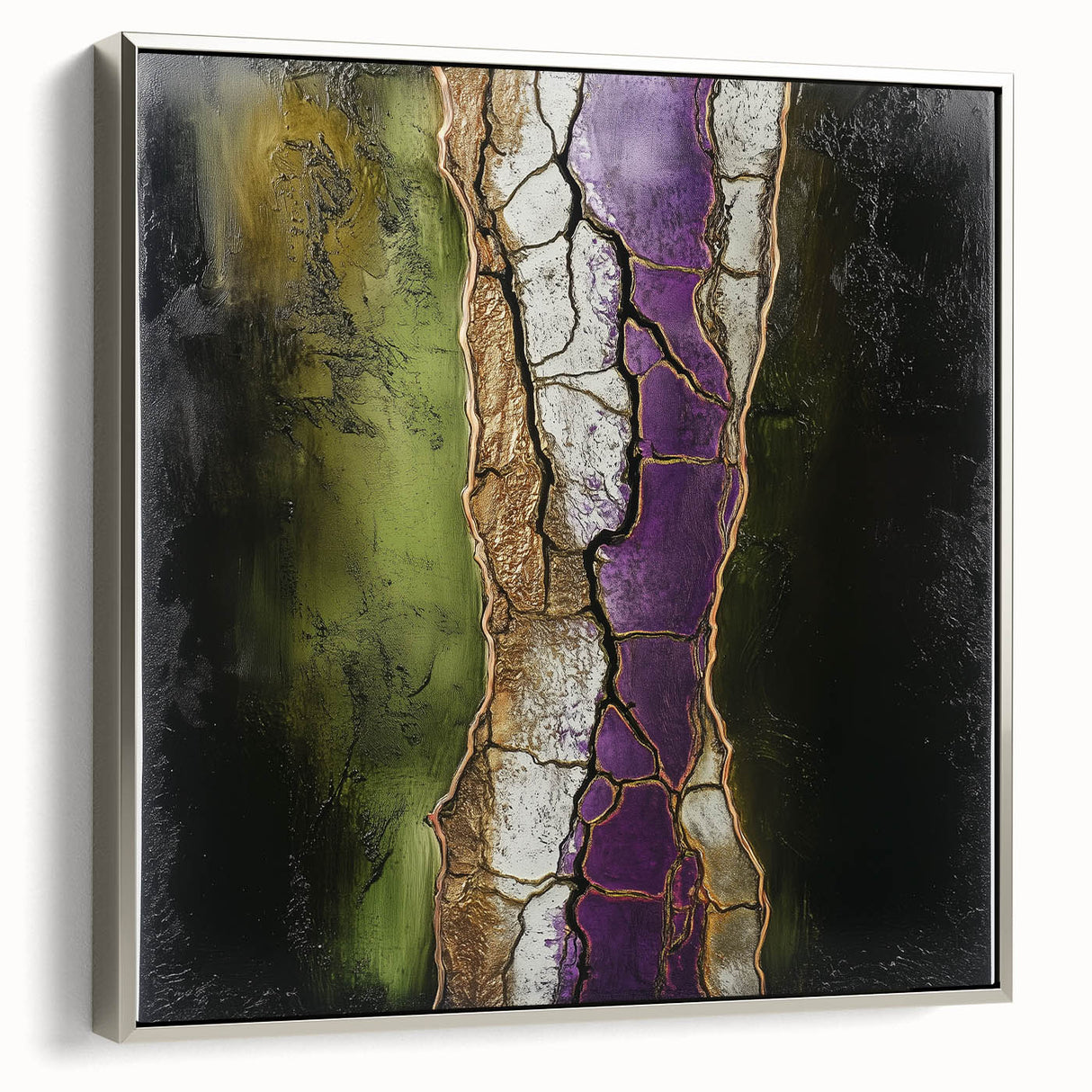 Framed canvas artwork showcasing abstract floral designs in vibrant colors with a sleek silver frame, perfect for modern home decor accents.
