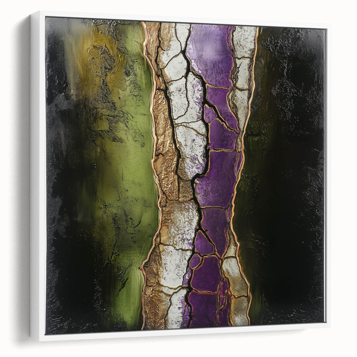 Framed canvas showcasing an abstract floral design in vibrant colors, set against a white background, highlighting modern home decor elements with a sleek side view.