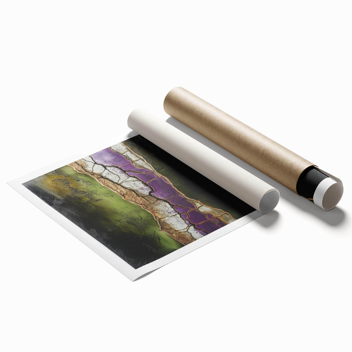 Abstract floral art print featuring vibrant colors and intricate designs, rolled for easy shipping in a protective tube. Ideal for modern home decor.