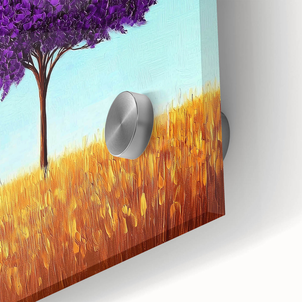 Close-up view of an abstract landscape artwork featuring vibrant colors and textures, printed on acrylic glass, ideal for modern home decor or gallery display.