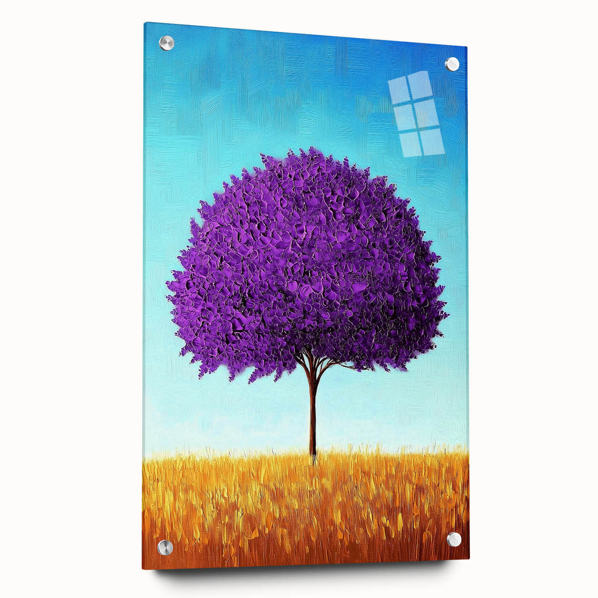 Abstract landscape artwork displayed on acrylic glass, showcasing vibrant colors and a unique side view with decorative pins, perfect for modern home decor.