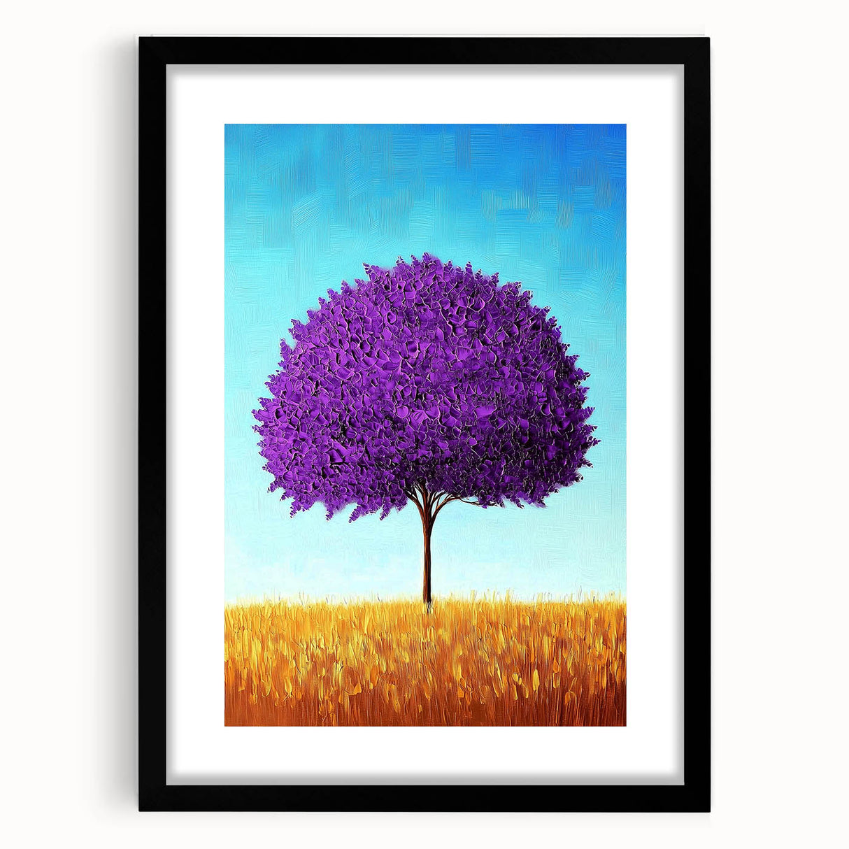 Abstract landscape artwork in a black frame, showcasing vibrant colors and fluid shapes, perfect for modern home decor. The mat enhances its visual appeal, adding elegance to any space.